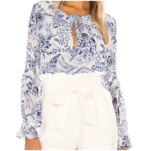 MISA Los Angeles Frances Top in Peacock Blue White Boho Feather Print Women’s XS